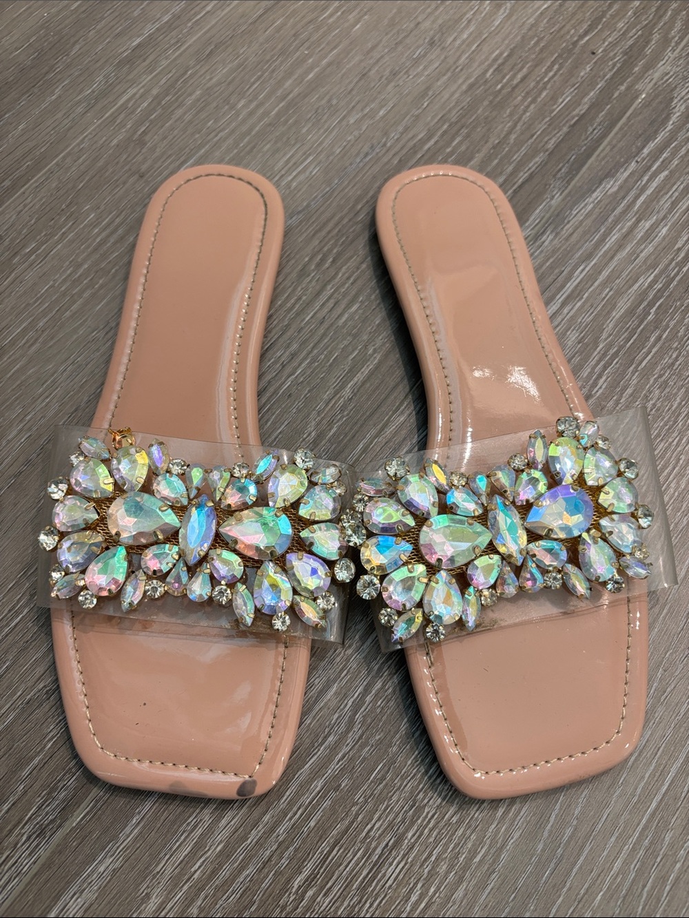 SHEIN Pink Patent Slide Sandals with Iridescent Crystal Embellishments
